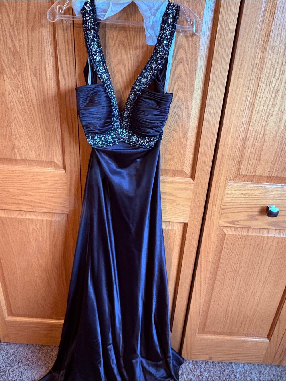 Riva Designs Black Beaded Halter Satin Prom Dress